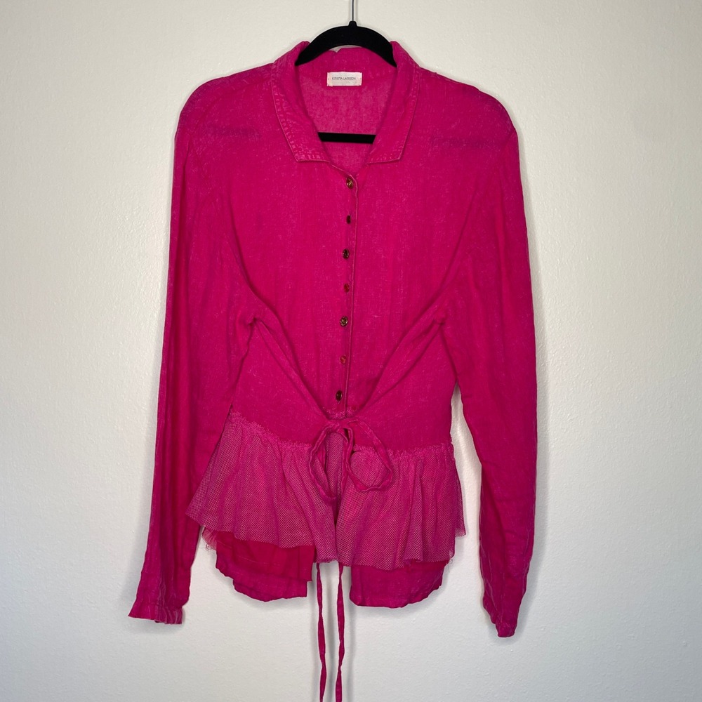 Krista Larson 100% Linen Hot Pink Tie Waist Peplum Blouse Jacket OS Lagenlook - Picture 2 of 9